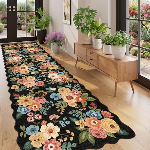 DUKINO 3x10 Runner Rug, Non Slip Floral Washable Rug for Hallway, Black - Image 3