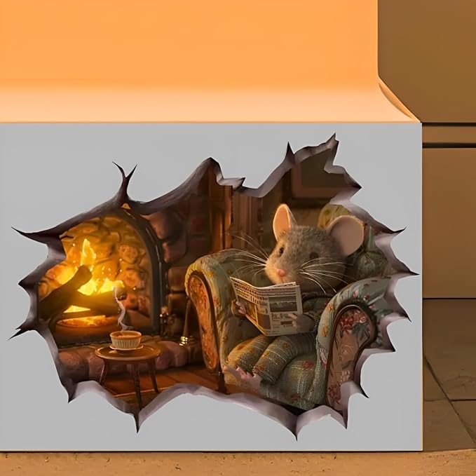 Cozy Mouse Wall Decal, 3D Fireplace Scene Decorative Sticker, Vinyl Home Decor (Cozy) by ALPACASTORE