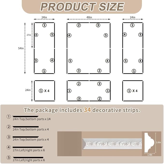 JBER Peel and Stick Wall Molding Kit, 6 Pre-Cut Wainscoting Panels, White | Ready-to-assemble pre-cut molding, 3D wall trim for interior wall décor, living room & bedroom, 3 top 3 bottom - Image 2