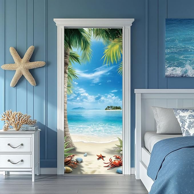 arricraft 2 Pcs Self-Adhesive Beach Scene Door Wall Stickers, 31.5"x78.7", PVC Material, Blue, Green, Rectangular, Indoor Use - Image 5