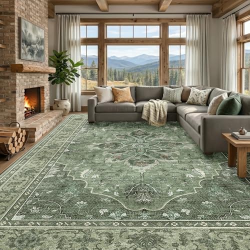 RELEANY Washable Area Rug, Large 9'x12', Green/Dark Green/Gray by RELEANY