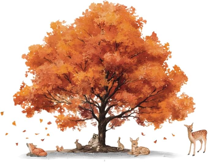 Autumn Tree Wall Decals Woodland Animal Wall Sticker Large Fall Orange Tree Vinyl Mural with Deer Fox Rabbit Squirrel Raccoon Removable Nature Wall Art for Nursery Playroom Bedroom Living Room Class - Image 9