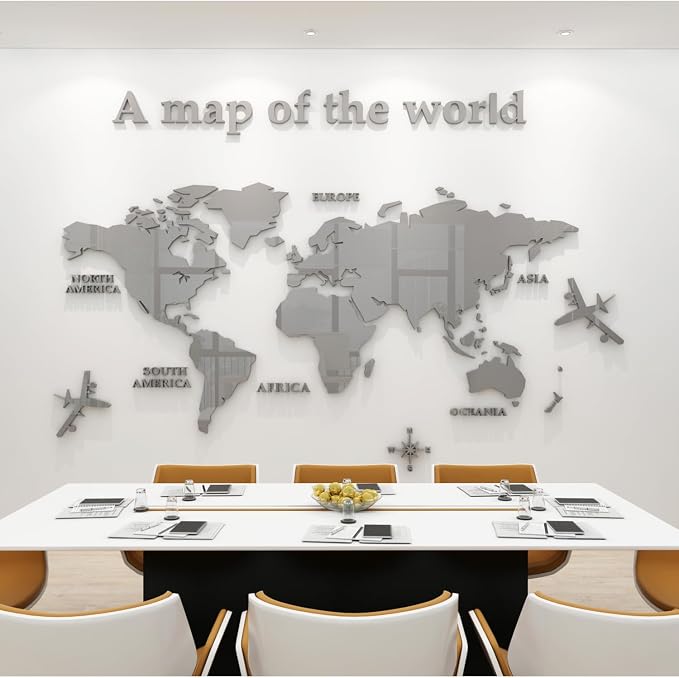 WINDIR 3D World Map Wall Stickers Decor Murals DIY Decal Grey 71x40 inch, Acrylic Office Wall Art Decor Bedroom Living Room TV Wall (Grey: 180x100 cm) Large by WINDIR