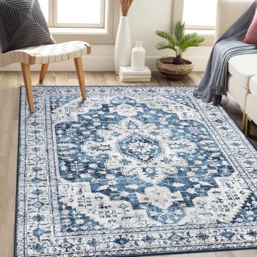 Moynesa Ultra-Thin Washable Area Rug - 5x7 Blue Rugs for Living Room Washable Rugs for Bedroom Soft Dining Room Mat, Vintage Printed Low Pile Indoor Carpet for Office Sunroom Playroom by Moynesa