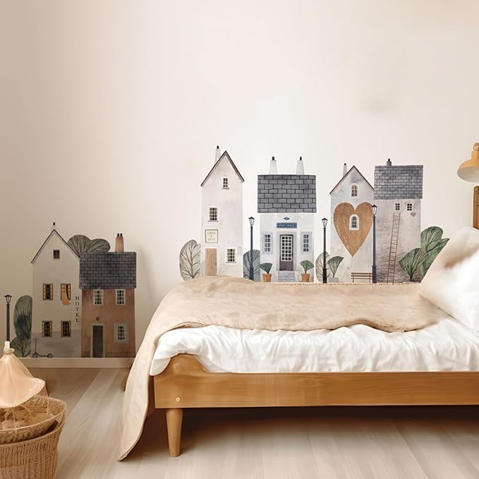 Large Watercolor Building Fabric Wall Mural Sticker,City Town Decal Peel&Stick Removable DIY Art Wall Decor for Nursery Kids Room Playroom Toddler Babyroom Gifts-1 Roll 3sheets - Image 3