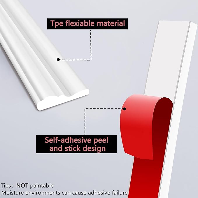 moonoom 20 Ft x 1.6''Wall Decoration Molding Trim,Self-Adhesive 3D Chair Rail Panel Molding, Flexible DIY Wall Trim for Walls Mirror Window Frame and Home Decoration - Image 3