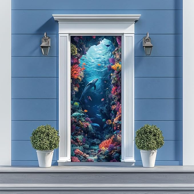 arricraft 2 Pcs Self-Adhesive Door Sticker, 31.5"x78.7" Sea Creature Door Murals Stickers Dolphins PVC Door Removable Wallpaper Decoration for Bedrooms ​Living Room - Image 7