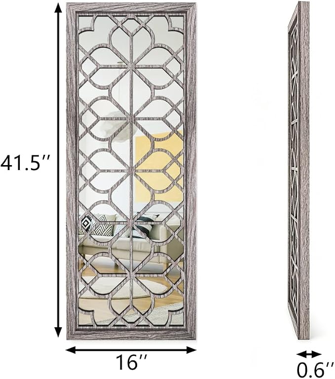 Set of 2 16x41.5 Inch Large Carved Floral Wood Frame Wall Mirrors, Shatterproof Boho Farmhouse Rustic Accent Mirrors for Living Room, Bedroom, Bathroom, Entryway & Home Wall Decor （Brown） - Image 2