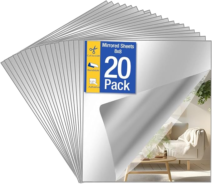 20 Pack Peel and Stick Mirror Tiles, 8x8 Inch Shatterproof Flexible Stick on Mirrors for Wall Self-Adhesive Sticker for Bedroom, Door, Bathroom, and Dance Studio Installation by Unknown