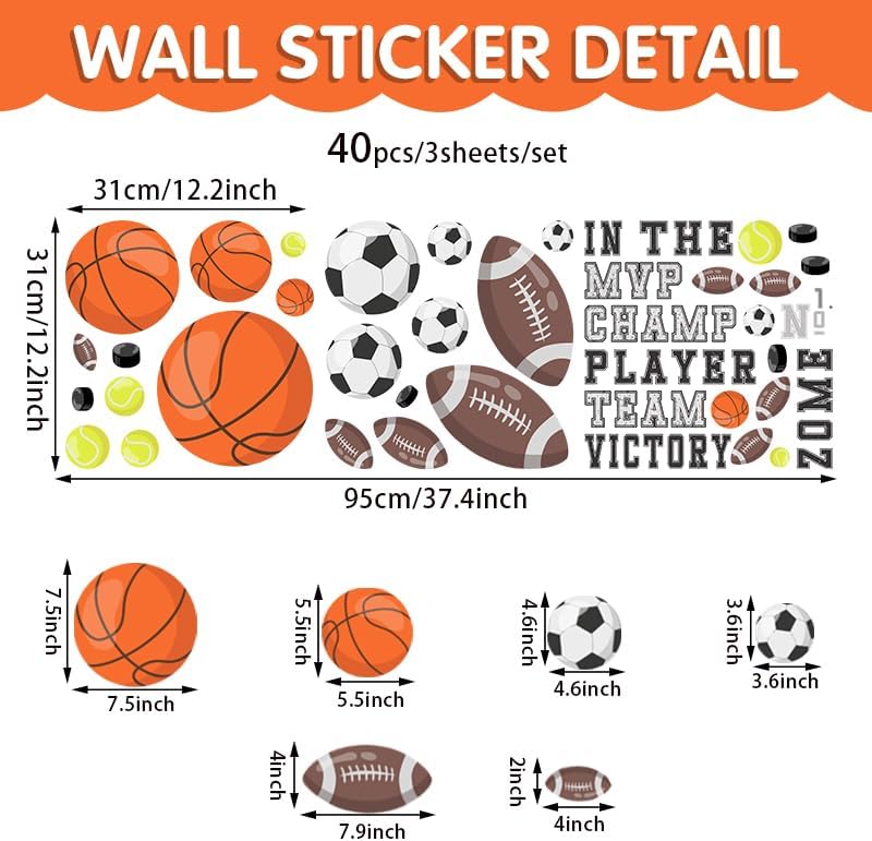 Sports Wall Decals, Basketball and Football Wall Stickers, Peel and Stick Removable DIY Inspirational Wall Decor for Boys Bedroom Classroom Kid's Nursery Room Playground - Image 6