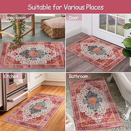 Moynesa Ultra-Thin Washable Pink Area Rug - 2x3 Small Pink Washable Bedroom Rug Entry Mat, Vintage Non-Slip Non-Shedding Low Pile Indoor Throw Carpet for Laundry Living Room Hardwood Floors Kitchen - Image 6