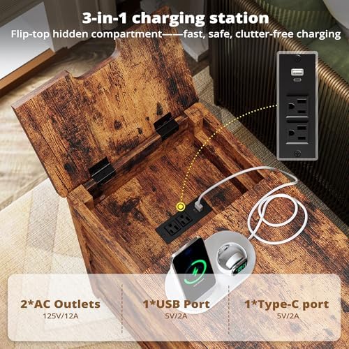 IRONCK End Table with Charging Station, Narrow Side Table, Vintage Brown - Image 5