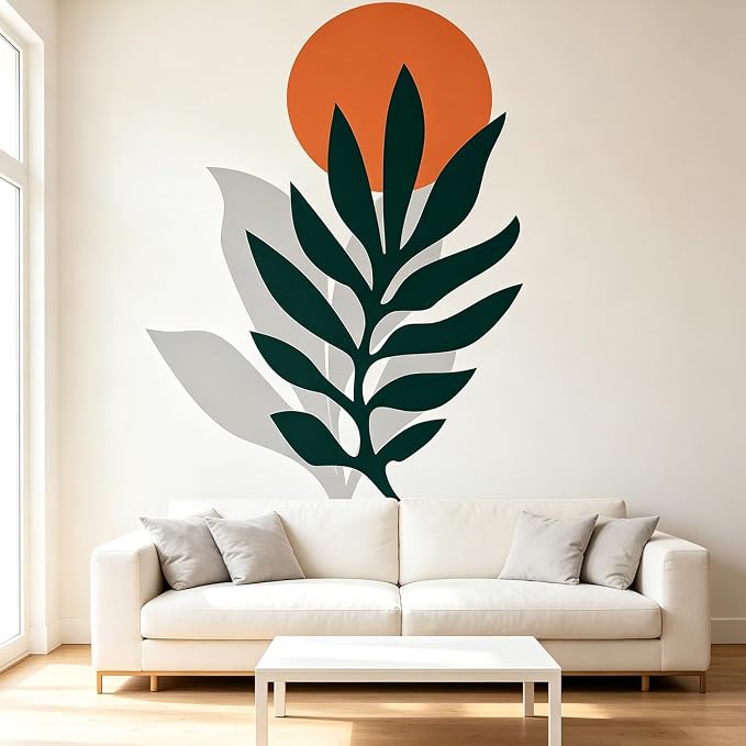 Floral Flower Orange Sun Boho Peel and Stick Wall Decor Decals Art | Botanical minimalist palm tree leaves removable vinyl wall stickers mural decoration for bedroom living room classroom office by VePret