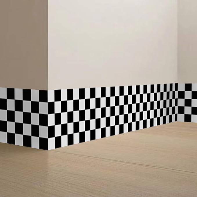 Checkered Wall Border Stickers Peel and Stick Black and White Skirting Self Adhesive Bathroom Waist Line Decal Vinyl Wallpaper by QUCHENG