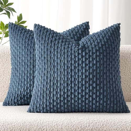 MIULEE Decorative Throw Pillow Covers 18x18 Blue Textured Corduroy by MIULEE