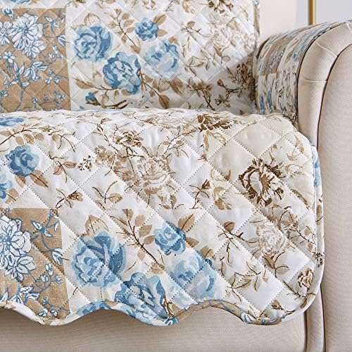 Great Bay Home Reversible Floral Patchwork Loveseat Furniture Protector - Machine Washable, Scalloped Edge, Stain Resistant, Printed Furniture Cover for Dogs, Kids, and Pets (Taupe/Blue) - Image 2