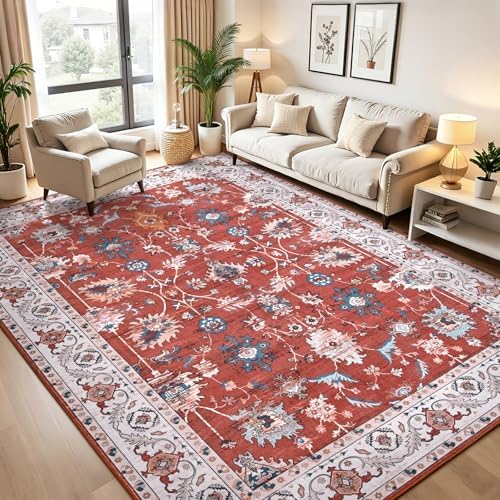 Hanples 9x12 Area Rugs for Living Room, Washable Rug Vintage Floral, Red - Image 3