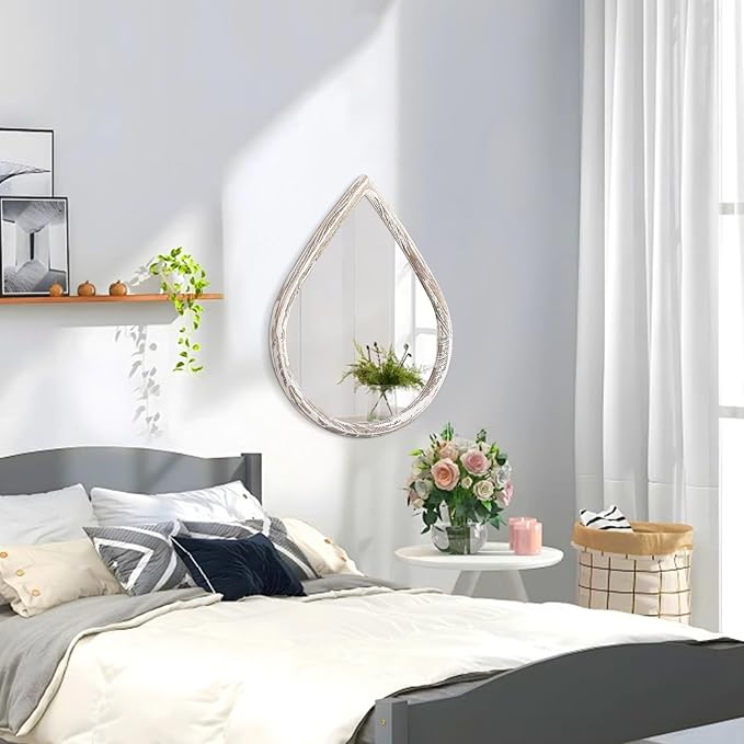 Farmhouse Wall Hanging Mirror Drop Shaped Mirror with Wood Framed Wall Mirror Vintage Decor for Bedroom Living Room Bathroom Entryway - Image 4
