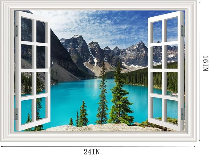 Fake Window Wall Decal- Summer Mountains Lake View Open Sticker Decorations | Faux Window Natural Landscape Art Mural｜Stick and Peel Wall Decals｜for Room Bedroom Office Scene Decor｜24"x16" - Image 4
