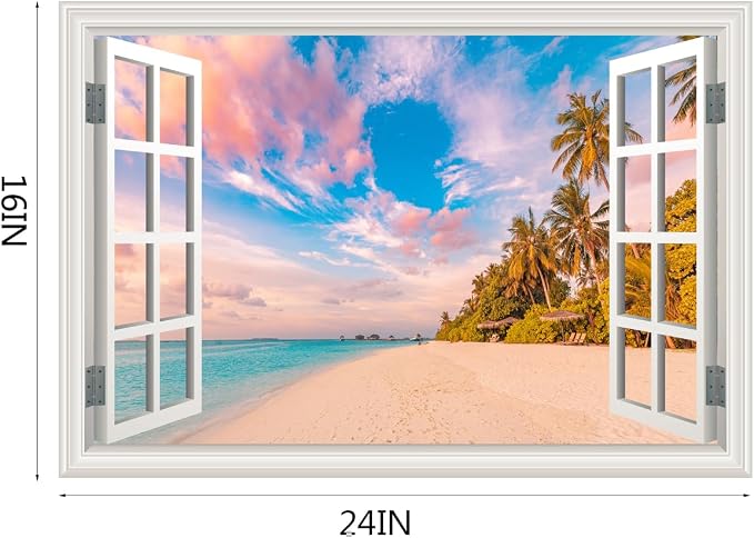 Fake Window Wall Decal - Summer Beach Seascape Ocean Scene Art Sticker | ｜Faux Window Natural Scenery Landscape Mural ｜ Stick and Peel Wall Decals｜for Room Bedroom Office Scene Picture Decor｜24"x16" - Image 4