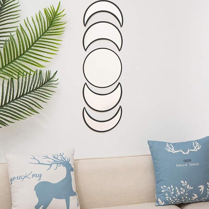 5 Pieces Scandinavian Natural Decor Acrylic Wall Decorative Interior Design Wooden Moon Phase Mirror Bohemian Wall Decoration for Home Living Room Bedroom - Not Real Mirror(Black) - Image 3