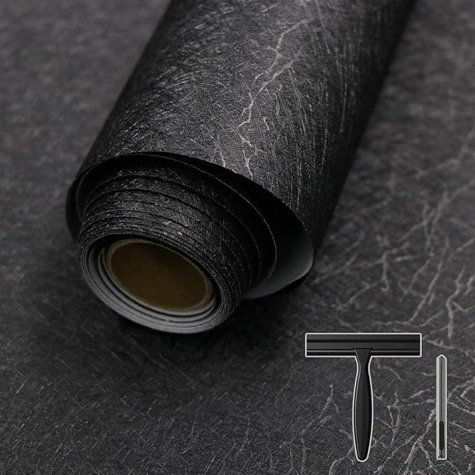 Black Silk Wallpaper Peel and Stick Embossed Self Adhesive Contact Paper | 15.7" x 393.7" Removable Waterproof Kitchen Vinyl Wrap Cabinet Textured Renter Friendly Wall Cover with Scraper, Paper Cutter - Image 9