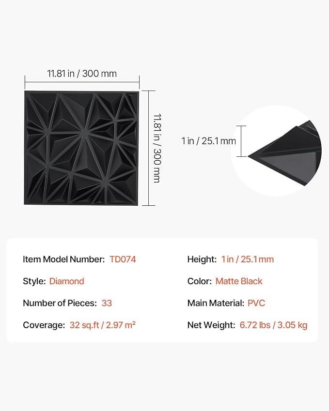 VEVOR 3D Wall Panels, 33-Pack 11.81 x 11.81 in PVC Modern Art Minimalist Diamond Tiles, 32 Sq.Ft Coverage Accent Wall Panel, Interior Home Decor for Ceiling, Bedroom, Living & Gaming Room, Matte Black - Image 7