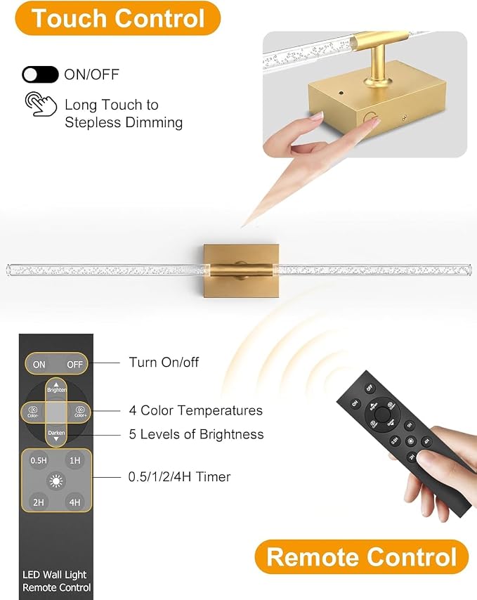 Rechargeable Wall Sconces Set of 2, Gold Crystal Bubble Wireless Wall Light | 10000mAh, Remote Control, 3000K-6000K Dimmable, 360° Adjustable, Ambient Lighting for Living Room, Bedroom, Picture, Bathroom - Image 2