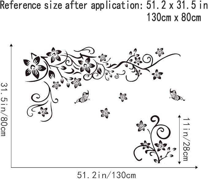 Joyartu Flowers Vine Decals Black Flowers Butterfly Wall Stickers, Diagonal Floral Decals for Living Room TV Background, DIY Home Decor - Image 7