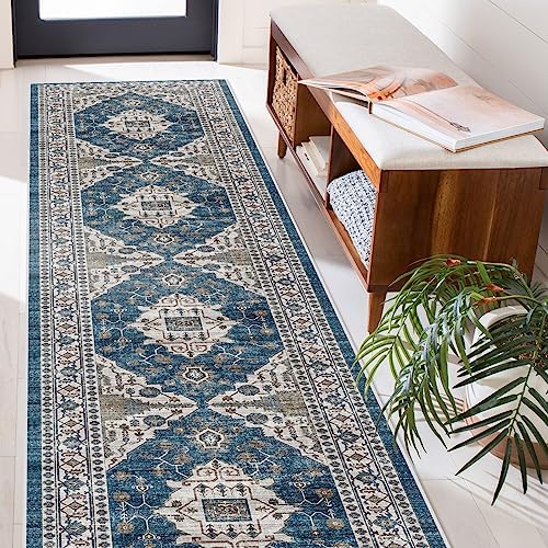 Hallway Washable Runner Rug - 2'6x14 Kitchen Rugs Entryway Rug Runner Vintage Soft Floor Mat Non Slip Indoor Farmhouse Carpet for Bathroom Living Room Bedroom (2'6''x14', Blue) - Image 3