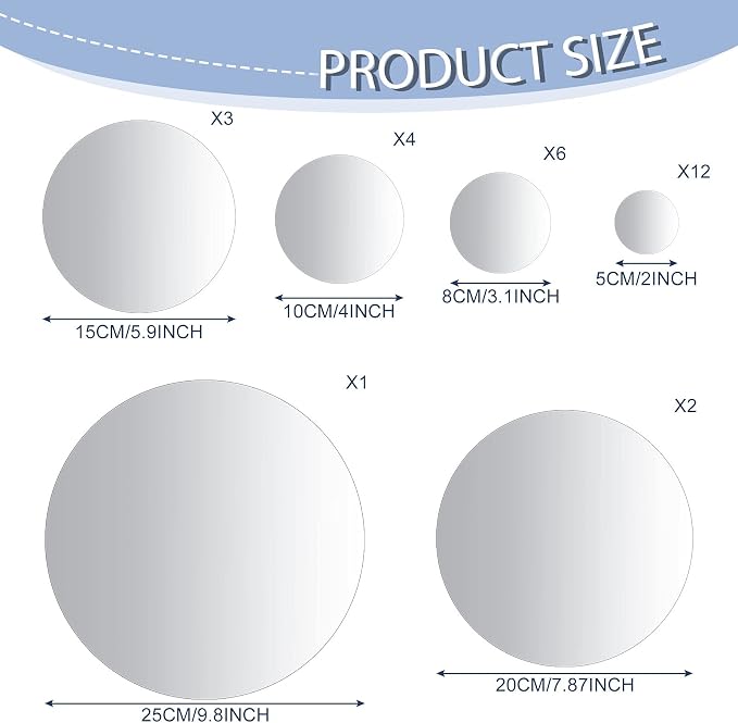 Jetec 28 Pcs Round Glass Mirror Tiles, 2/3/4/6/8/10 Inch Wall Decor Set - Image 2