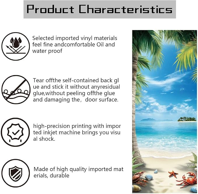 arricraft 2 Pcs Self-Adhesive Beach Scene Door Wall Stickers, 31.5"x78.7", PVC Material, Blue, Green, Rectangular, Indoor Use - Image 3
