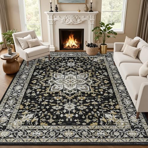10x14 Area Rugs Living Room: Washable Rug for Bedroom Black Gold by EXPEDIX