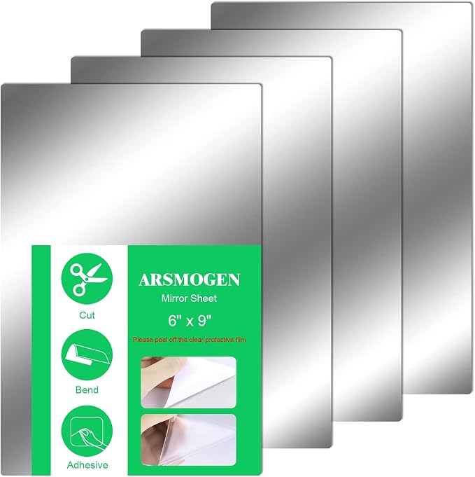 4 Pieces Flexible Cut to Size Mirror Sheet 6" x 9", Self Adhesive Non Glass Mirror Stickers PETG Plastic Mirror by Unknown