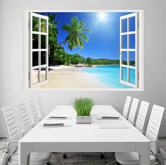 Self-Adhesive Wall Sticker Romantic Living Room Bedroom Study Office Decorative Wall Sticker Ocean Scenery Fake Window Sticker Mural (Palm Beach, 23.6"×35.4") - Image 5