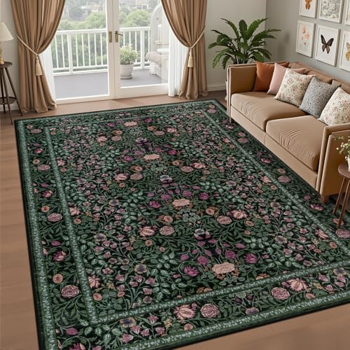 6x9 Area Rug Living Room: Soft Floral Washable Boho Carpet Green - Image 2