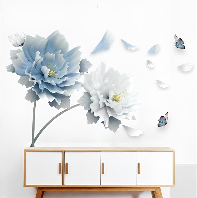 Large Peony Flower Wall Decals Elegant Blue and White Floral Wall Sticker Removable Vinyl Blossom Murals with Flying Butterflies Petals for Living Room Bedroom Sofa TV Background Home Decor - Image 6