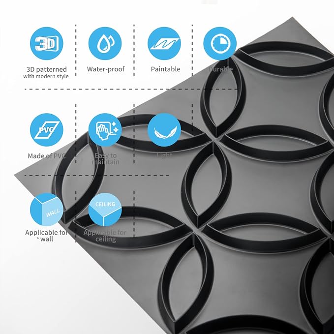 Art3d PVC 3D Wall Panel Interlocked Circles, Cover 32 Sq.ft, Matt Black | Waterproof, Scratch Resistant, Wipeable, Anti-Sag, Wall & Ceiling Decor Panels, Ideal for Home, Commercial Spaces - Image 7