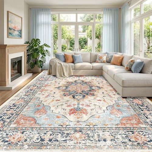 RELEANY Washable Area Rug, Large 10'x14', Beige/Blue/Orange by RELEANY
