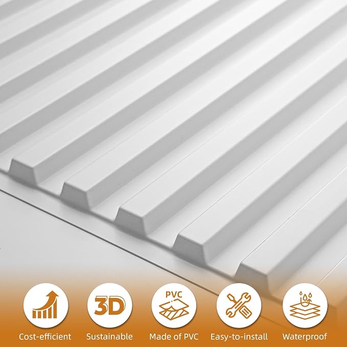 WOWSTAR 24-Pack 24"x24" Drop Ceiling Tiles, Waterproof Glue up PVC Ceiling Panels, Modern Style 3D Slat Wall Panels, White - Image 6