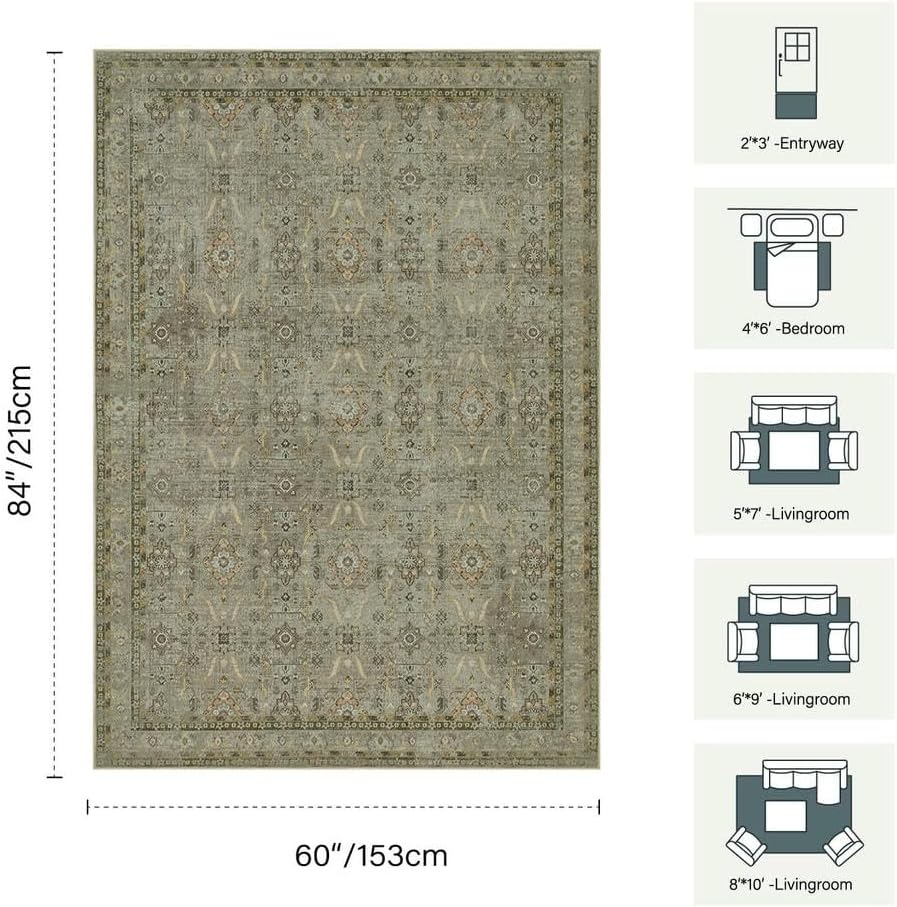 Rugxara Area Rugs 5x7 Washable Rug for Living Room Bedroom, Olive Green - Image 2