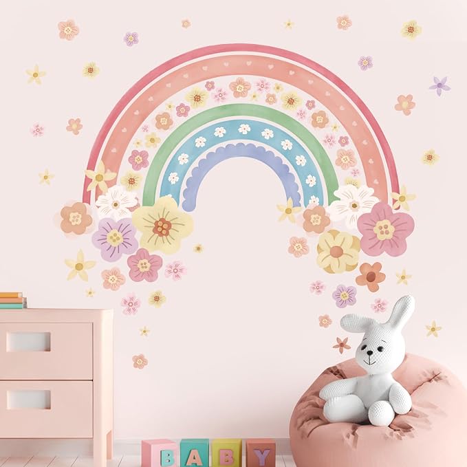 wondever Large Rainbow Wall Decals Colorful Boho Flower Wall Stickers | Peel and Stick, Removable, Wall Art Decals, Wall Decoration, Kids Room, Girls Bedroom Baby Nursery Playroom Decor - Image 2