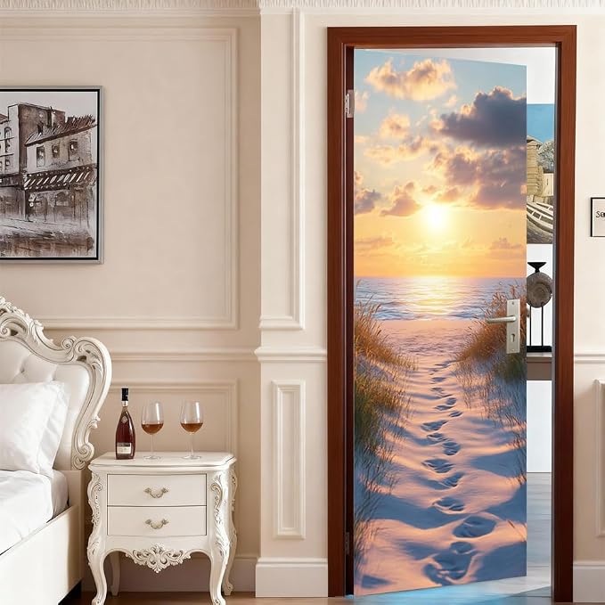 Sunset Beach Door Mural, Coastal Ocean Path Door Cover | Waterproof PVC, 30.3" W x 78.7" L; sunset beach scene for bedroom, entryway, office or closet doors. - Image 3