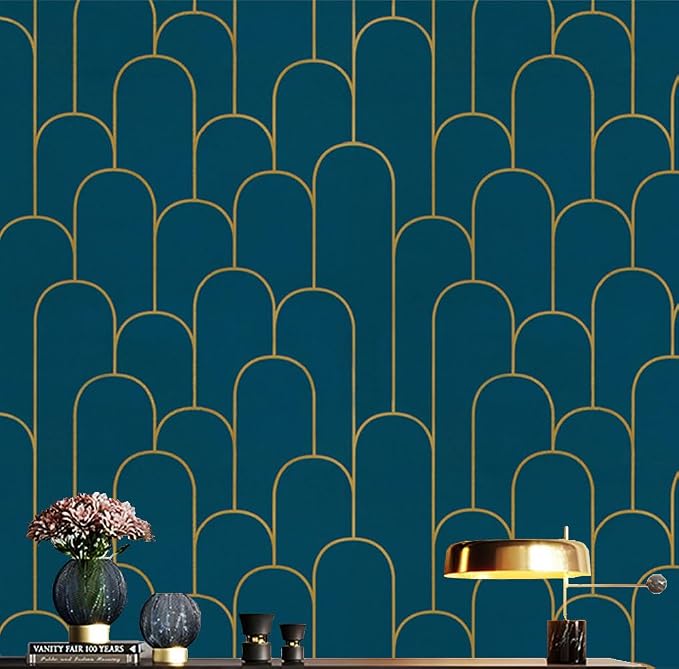 Yasinet Peel and Stick Wallpaper Blue and Gold Wallpaper Blue Geometric Contact Paper Removable Self-Adhesive Stripe Waterproof Wall Paper Decorative for Wall Bedroom Vinyl Film 17.3”x118” by Yasinet
