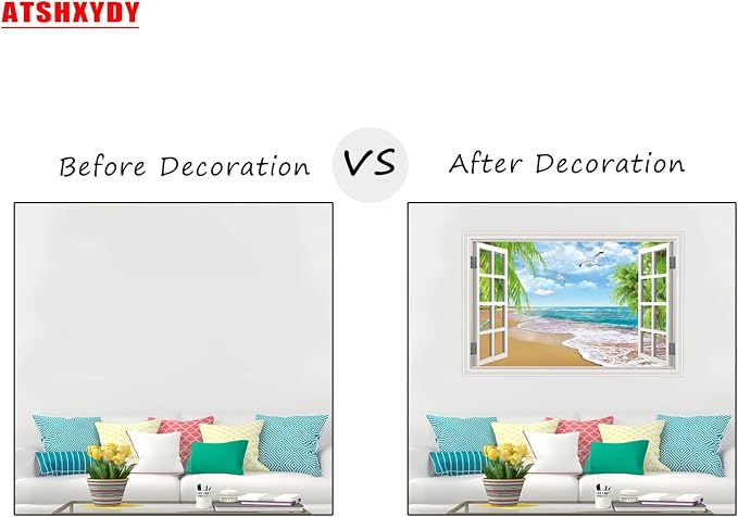 Fake Window Wall Decal- Summer Beach Ocean Coconut Trees Open Wall Sticker | Faux Window Natural Scenery Landscape Art Mural｜Stick and Peel Wall Decals｜for Room Bedroom Office Scene Picture Decor｜24"x16 - Image 3