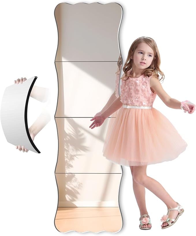Wavy Shatterproof Full Length Wall Mirror Tiles, 47" x 14" (4 Pack 14" x 12"), Unbreakable Acrylic Safety Body Mirror for Kids, Baby, Toddler, Playroom, Dorm, Door & Gym, Frameless Non-Glass by Doeean