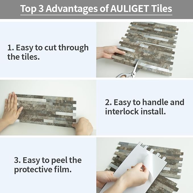AULIGET 2 Sheets Beige & Brown Slate Peel and Stick Backsplash, PVC Mixed Metal Silver Wall Tile Stick on Backsplash for Kitchen and Bathroom - Image 7