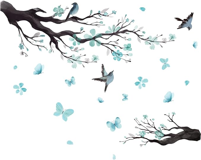 Watercolor Blue Flower Wall Stickers,Removable DIY Romantic Blossom Bird Tree Branch Wall Murals 3D Wall Art Stickers Home Decor for Gilrs Bedroom Nursery Rooms Living Room by BWCXXZH