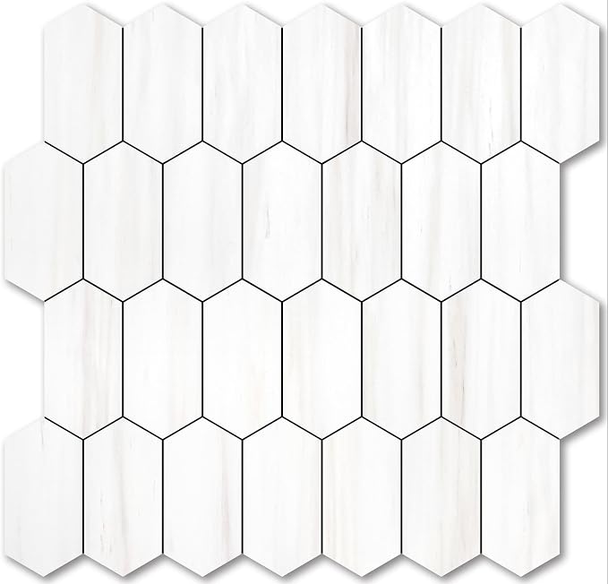 Vamos Tile Long Hexagon Peel and Stick Backsplash Tile - 10 Sheets Stick on Backsplash for Kitchen and Bathroom 12.4 x 12 Inch Dolomite Marble Look PVC Self Adhesive Mosaic Wall Tiles by VamosTile