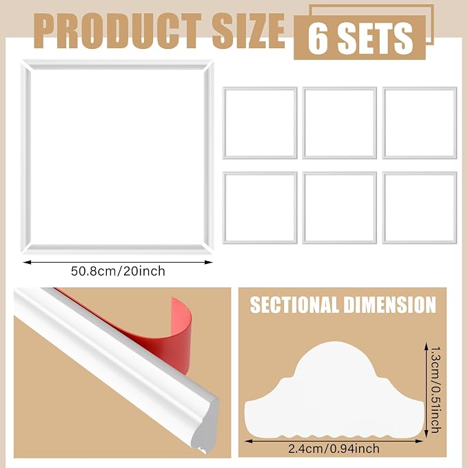 Colingmill Accent Wall Molding Kit Premade Panel,6set,20x20in | Wainscoting Panels, Peel and Stick, Wall Moulding, 3D, White, Pre Cut Picture Frame Trim, for Walls Home Decoration - Image 3